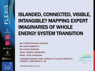 ISLANDED, CONNECTED, VISIBLE,
INTANGIBLE? MAPPING EXPERT
IMAGINARIES OF WHOLE
ENERGY SYSTEM TRANSITION
DR CHRISTOPHER GROVES*
DR ERIN ROBERTS
DR FIONA SHIRANI
PROF KAREN HENWOOD
PROF. NICK PIDGEON
UNDERSTANDING RISK GROUP & FLEXIS PROJECT,
CARDIFF UNIVERSITY, UK
*GROVESC1@CF.AC.UK
 