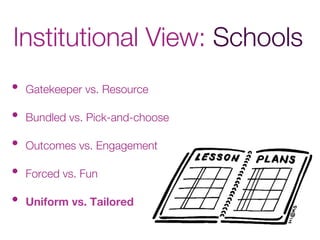 Institutional View: Schools
•  Gatekeeper vs. Resource
•  Bundled vs. Pick-and-choose
•  Outcomes vs. Engagement
•  Forced vs. Fun
•  Uniform vs. Tailored
 