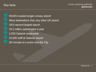 Key facts
World’s busiest single runway airport
More destinations than any other UK airport
UK’s second largest airport
34...