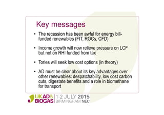 Key messages
• The recession has been awful for energy bill-
funded renewables (FIT, ROCs, CFD)
• Income growth will now relieve pressure on LCF
but not on RHI funded from tax
• Tories will seek low cost options (in theory)
• AD must be clear about its key advantages over
other renewables: despatchability, low cost carbon
cuts, digestate benefits and a role in biomethane
for transport
 