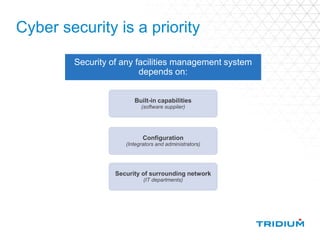Cyber security is a priority
Security of any facilities management system
depends on:
Built-in capabilities
(software supplier)
Configuration
(Integrators and administrators)
Security of surrounding network
(IT departments)
 