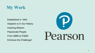 My Work
Established in 1844
Adaption is in Our History
Inspiring Mission
Passionate People
From ISBN to FQDN
Embrace the Challenge!
3
 