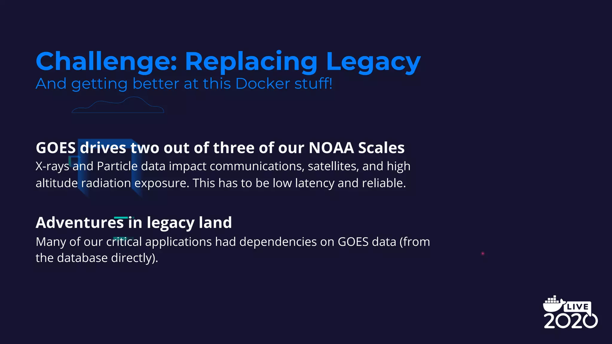 GOES drives two out of three of our NOAA Scales
X-rays and Particle data impact communications, satellites, and high
altitude radiation exposure. This has to be low latency and reliable.
Adventures in legacy land
Many of our critical applications had dependencies on GOES data (from
the database directly).
Challenge: Replacing Legacy
And getting better at this Docker stuff!
 