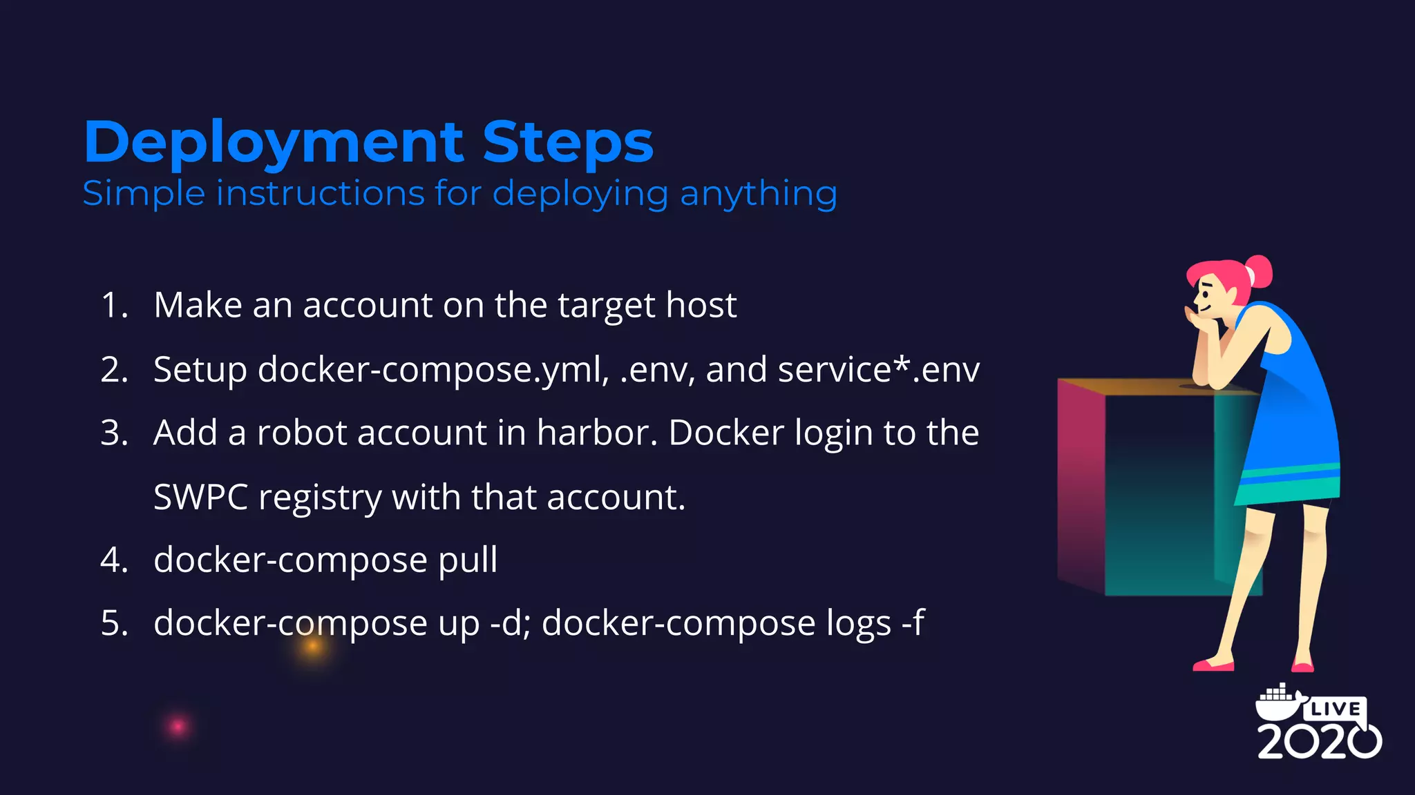 1. Make an account on the target host
2. Setup docker-compose.yml, .env, and service*.env
3. Add a robot account in harbor. Docker login to the
SWPC registry with that account.
4. docker-compose pull
5. docker-compose up -d; docker-compose logs -f
Deployment Steps
Simple instructions for deploying anything
 