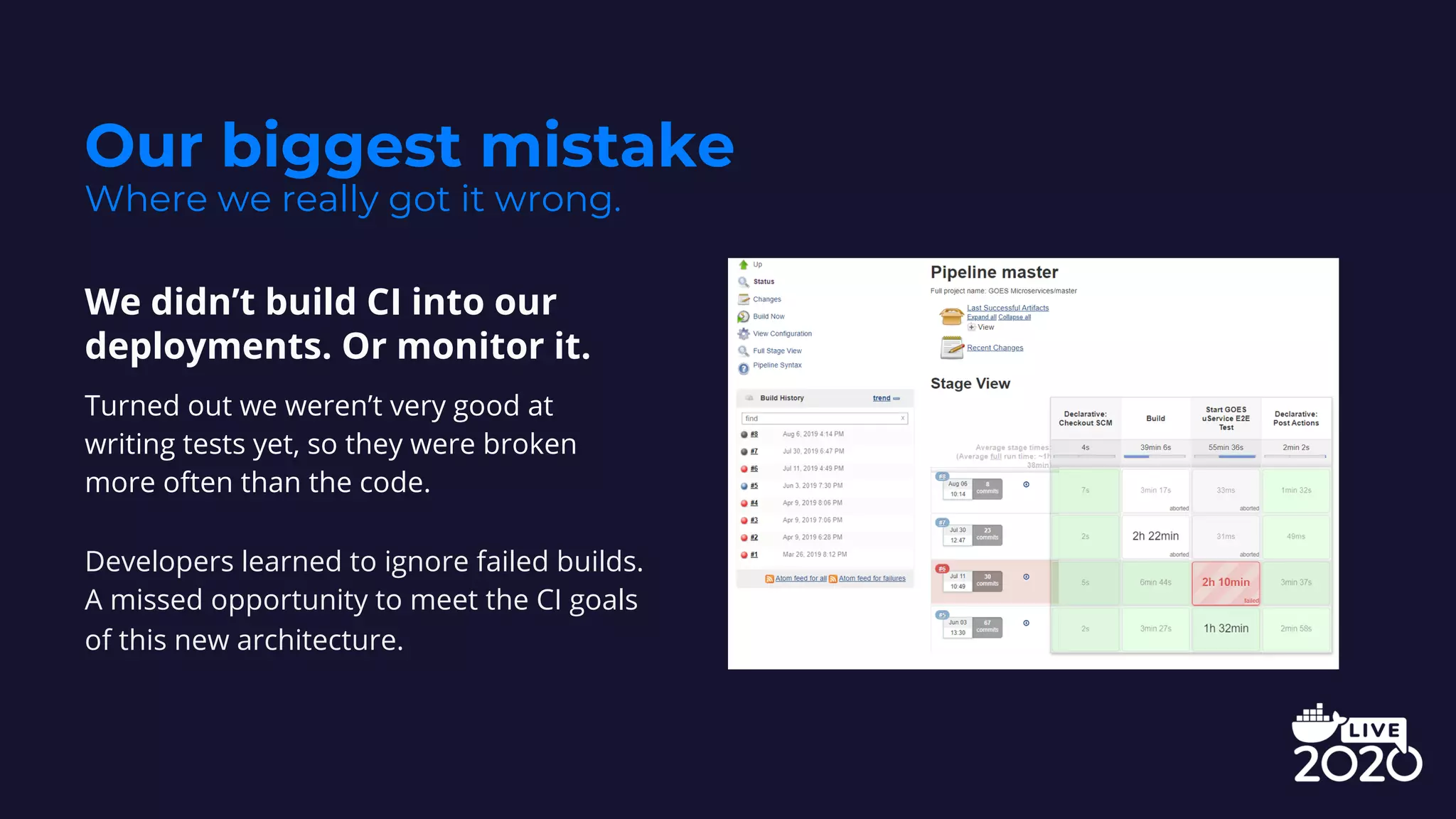 Our biggest mistake
Where we really got it wrong.
We didn’t build CI into our
deployments. Or monitor it.
Turned out we weren’t very good at
writing tests yet, so they were broken
more often than the code.
Developers learned to ignore failed builds.
A missed opportunity to meet the CI goals
of this new architecture.
 