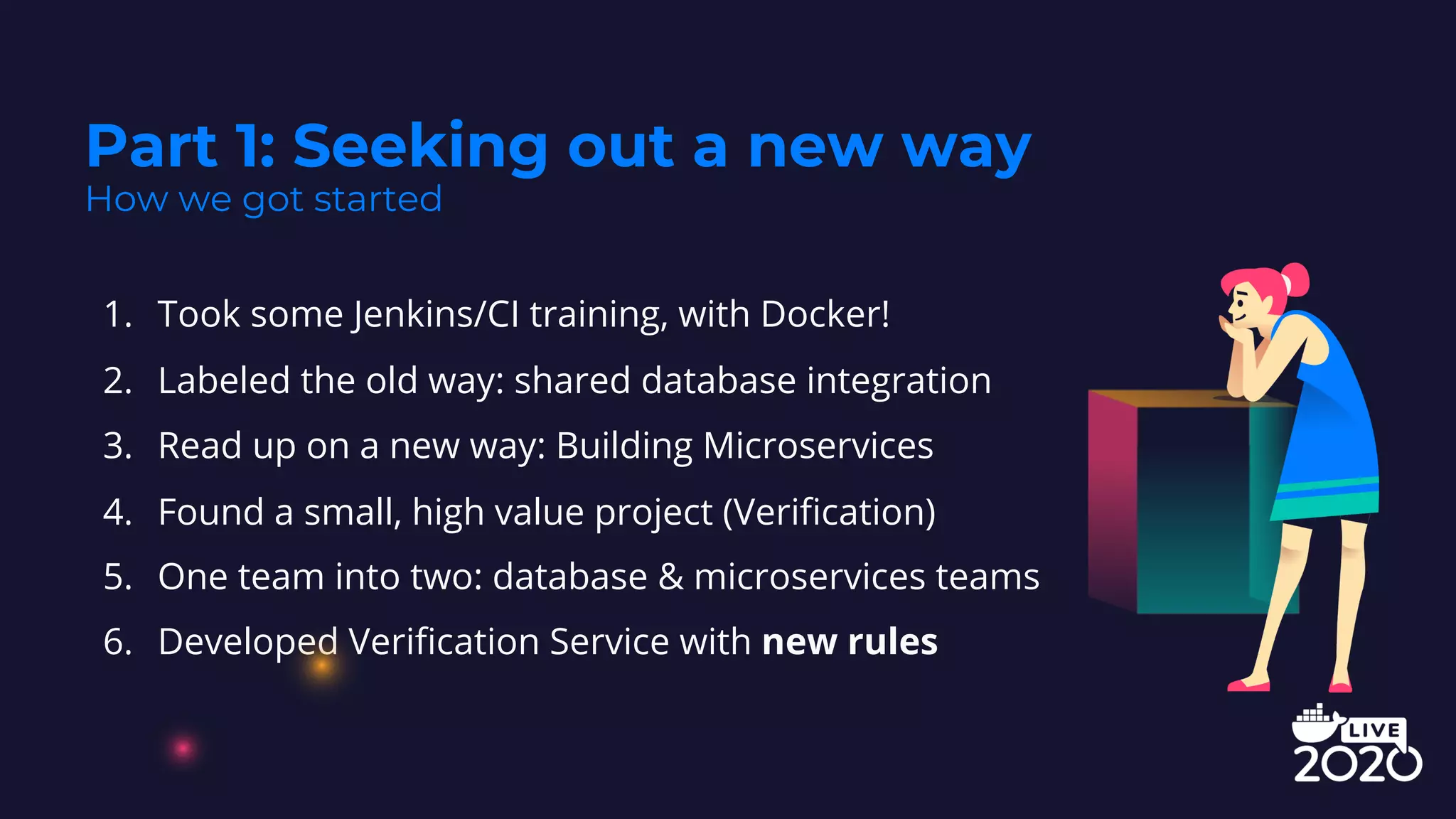 1. Took some Jenkins/CI training, with Docker!
2. Labeled the old way: shared database integration
3. Read up on a new way: Building Microservices
4. Found a small, high value project (Verification)
5. One team into two: database & microservices teams
6. Developed Verification Service with new rules
Part 1: Seeking out a new way
How we got started
 