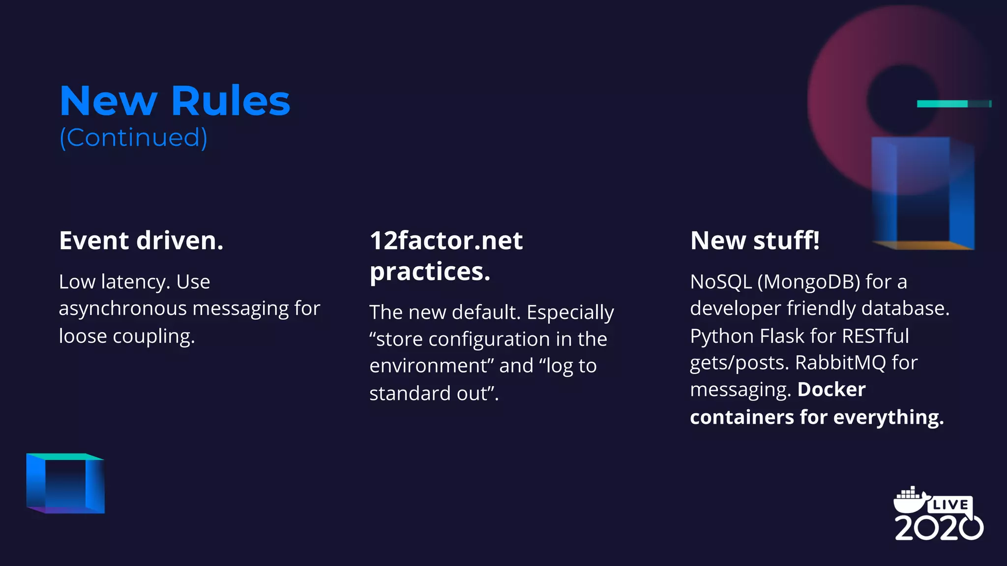 New Rules
(Continued)
Event driven.
Low latency. Use
asynchronous messaging for
loose coupling.
New stuff!
NoSQL (MongoDB) for a
developer friendly database.
Python Flask for RESTful
gets/posts. RabbitMQ for
messaging. Docker
containers for everything.
12factor.net
practices.
The new default. Especially
“store configuration in the
environment” and “log to
standard out”.
 