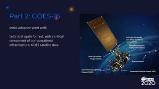 Part 2: GOES-16
Initial adoption went well!
Let’s do it again for real, with a critical
component of our operational
infrastructure: GOES satellite data
 