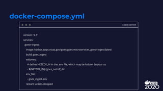 docker-compose.yml
CODE EDITOR
version: '2.1'
services:
goesr-ingest:
image: harbor.swpc.noaa.gov/goes/goes-microservices_goesr-ingest:latest
build: goes_ingest
volumes:
# define NETCDF_IN in the .env file, which may be hidden by your os
- ${NETCDF_IN}:/goes_netcdf_dir
env_file:
- goes_ingest.env
restart: unless-stopped
 