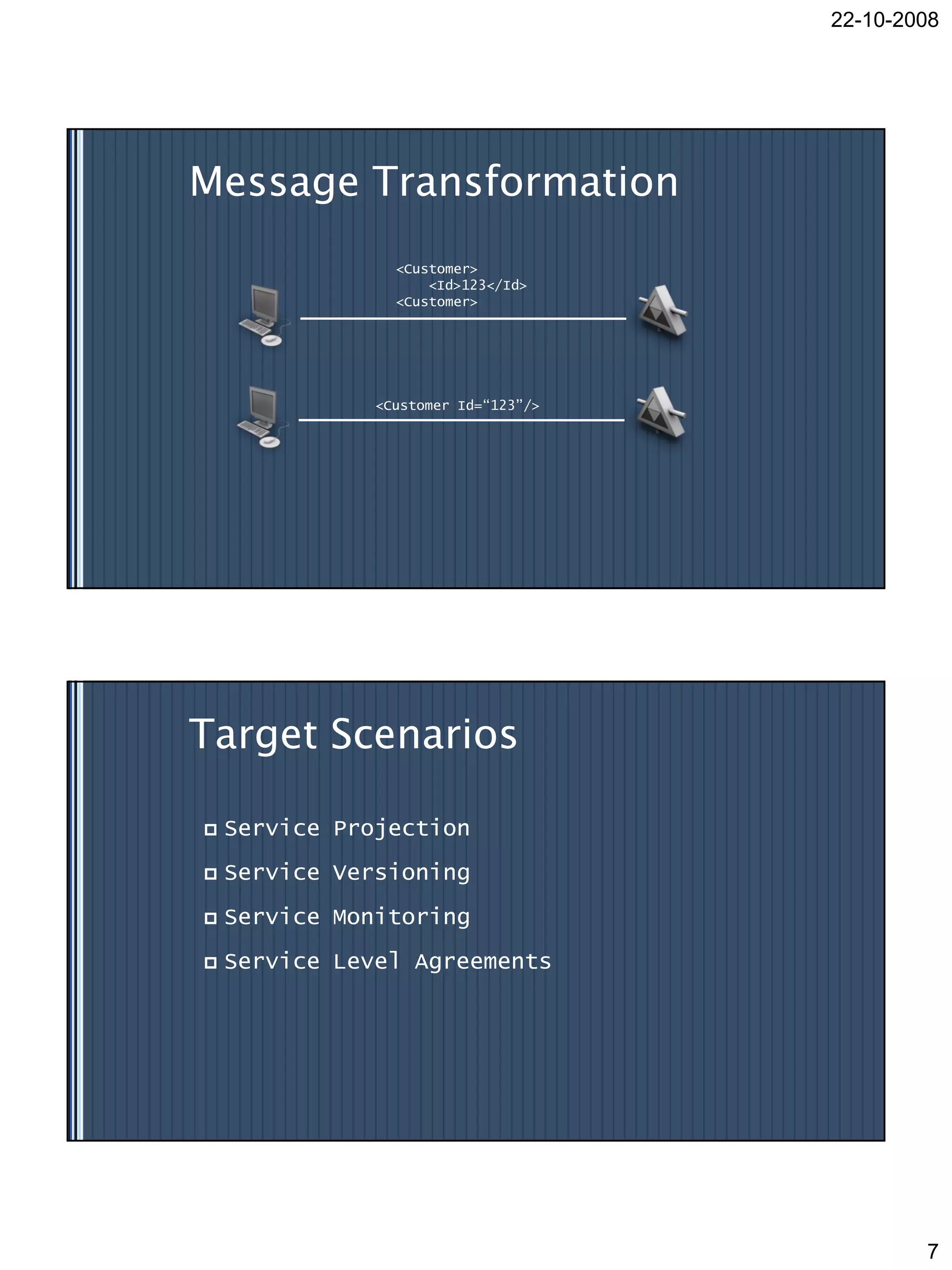 22-10-2008




Message Transformation
                 <Customer>
                     <Id>123</Id>
                 <Customer>




               <Customer Id=“123”/>




Target Scenarios

   Service Projection
   Service Versioning
   Service Monitoring
   Service Level Agreements




                                              7
 