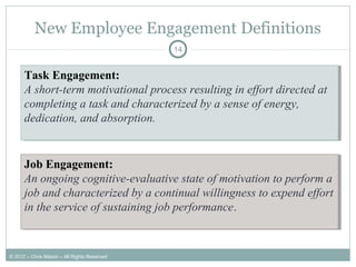 New Employee Engagement Definitions
14
Task Engagement:
A short-term motivational process resulting in effort directed at
completing a task and characterized by a sense of energy,
dedication, and absorption.
Task Engagement:
A short-term motivational process resulting in effort directed at
completing a task and characterized by a sense of energy,
dedication, and absorption.
Job Engagement:
An ongoing cognitive-evaluative state of motivation to perform a
job and characterized by a continual willingness to expend effort
in the service of sustaining job performance.
Job Engagement:
An ongoing cognitive-evaluative state of motivation to perform a
job and characterized by a continual willingness to expend effort
in the service of sustaining job performance.
© 2012 – Chris Mason – All Rights Reserved
 