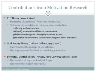 Contributions from Motivation Research
 VIE Theory (Vroom, 1964)
 Separating “Expectancy” from “Instrumentality.”
 Outlining the foundational components of motivation:
1) identify a valued outcome
2) identify actions that will obtain that outcome
3) believe one is capable of carrying out those actions
4) trust that environmental conditions will support his or her efforts
 Goal Setting Theory (Locke & Latham, 1990; 2002)
 Incorporating the concept of self-efficacy.
 The importance of feedback in sustaining motivation.
 Perceptual Control Theory (Powers, 1973; Carver & Scheier, 1998)
 The function of negative feedback loops.
 The concept of higher-order goals.
15
© 2012 – Chris Mason – All Rights Reserved
 