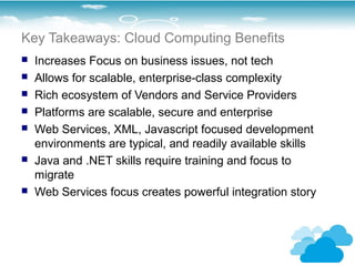 Key Takeaways: Cloud Computing Benefits
   Increases Focus on business issues, not tech
   Allows for scalable, enterprise-class complexity
   Rich ecosystem of Vendors and Service Providers
   Platforms are scalable, secure and enterprise
   Web Services, XML, Javascript focused development
    environments are typical, and readily available skills
   Java and .NET skills require training and focus to
    migrate
   Web Services focus creates powerful integration story
 