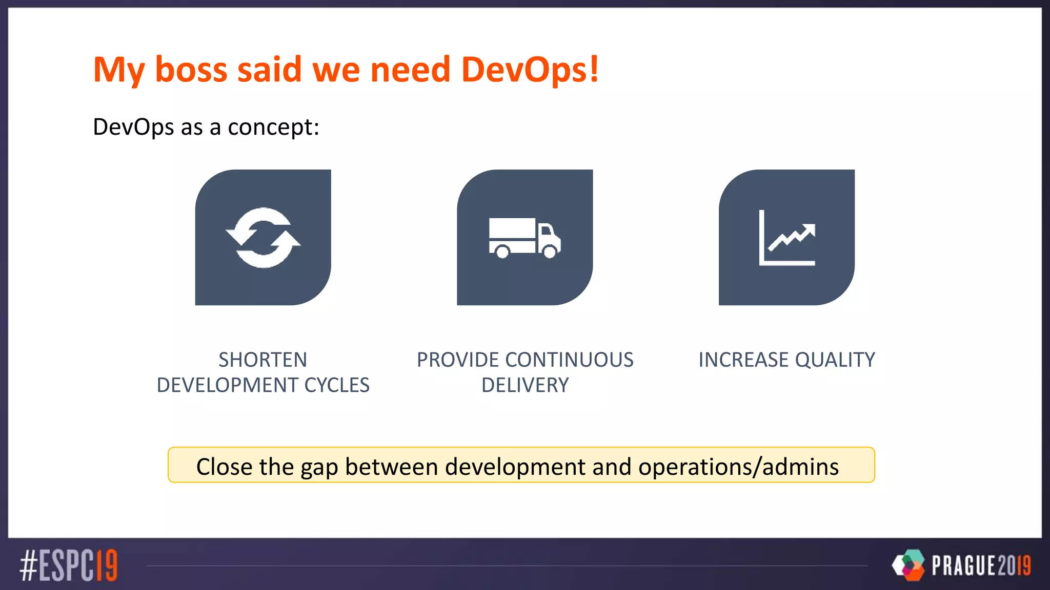 My boss said we need DevOps!
DevOps as a concept:
SHORTEN
DEVELOPMENT CYCLES
PROVIDE CONTINUOUS
DELIVERY
INCREASE QUALITY
Close the gap between development and operations/admins
 