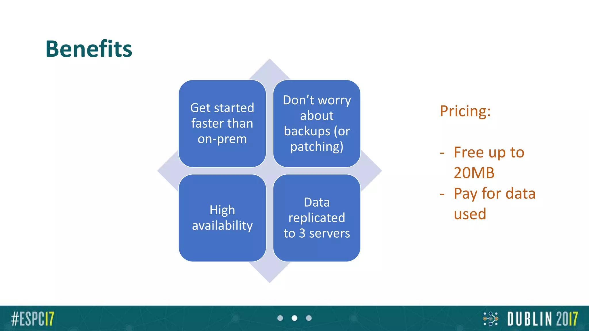 Benefits
Get started
faster than
on-prem
Don’t worry
about
backups (or
patching)
High
availability
Data
replicated
to 3 servers
Pricing:
- Free up to
20MB
- Pay for data
used
 