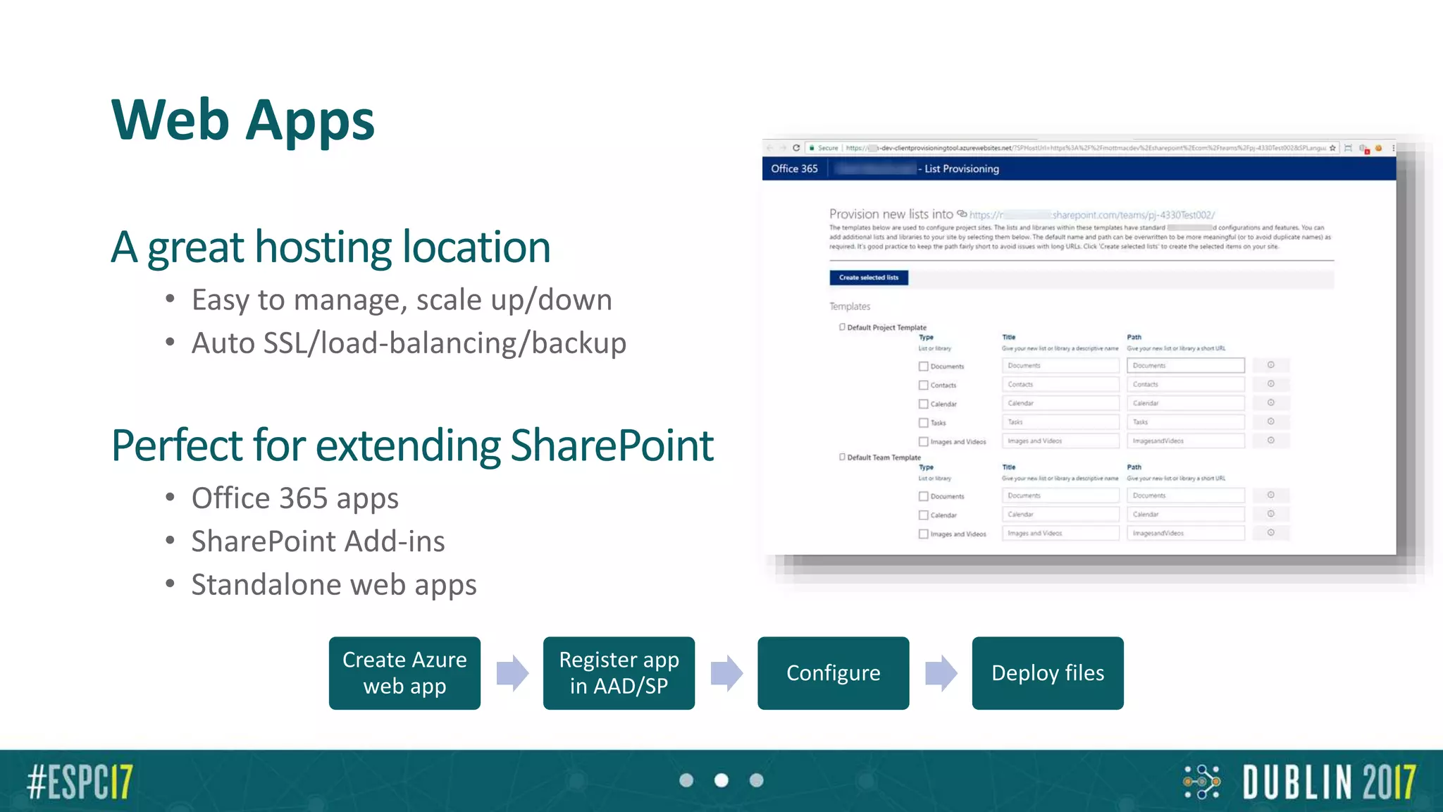 Web Apps
A great hosting location
• Easy to manage, scale up/down
• Auto SSL/load-balancing/backup
Perfect for extending SharePoint
• Office 365 apps
• SharePoint Add-ins
• Standalone web apps
Create Azure
web app
Register app
in AAD/SP
Configure Deploy files
 