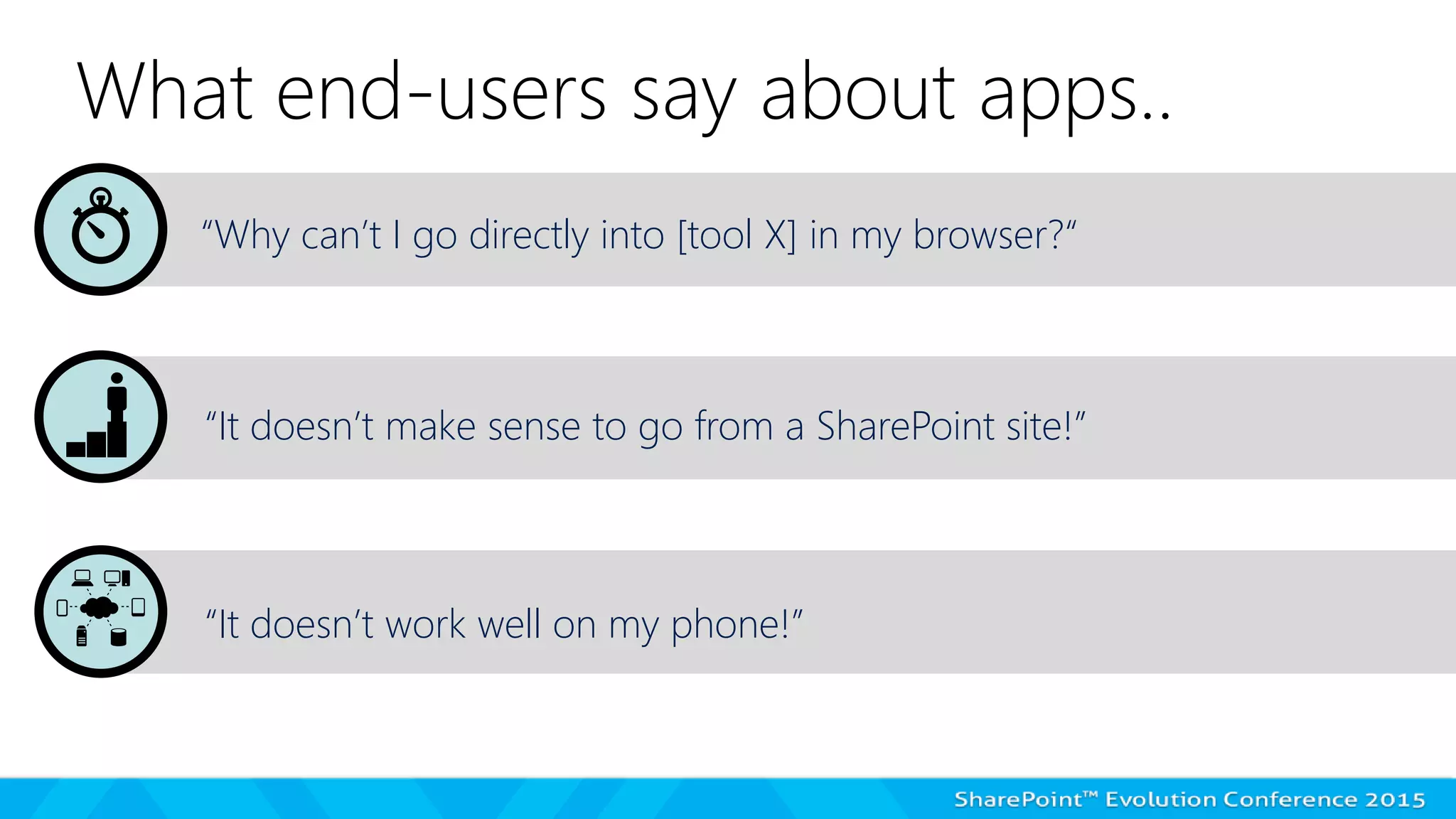 What end-users say about apps..
“Why can’t I go directly into [tool X] in my browser?“
“It doesn’t make sense to go from a SharePoint site!”
“It doesn’t work well on my phone!”
 