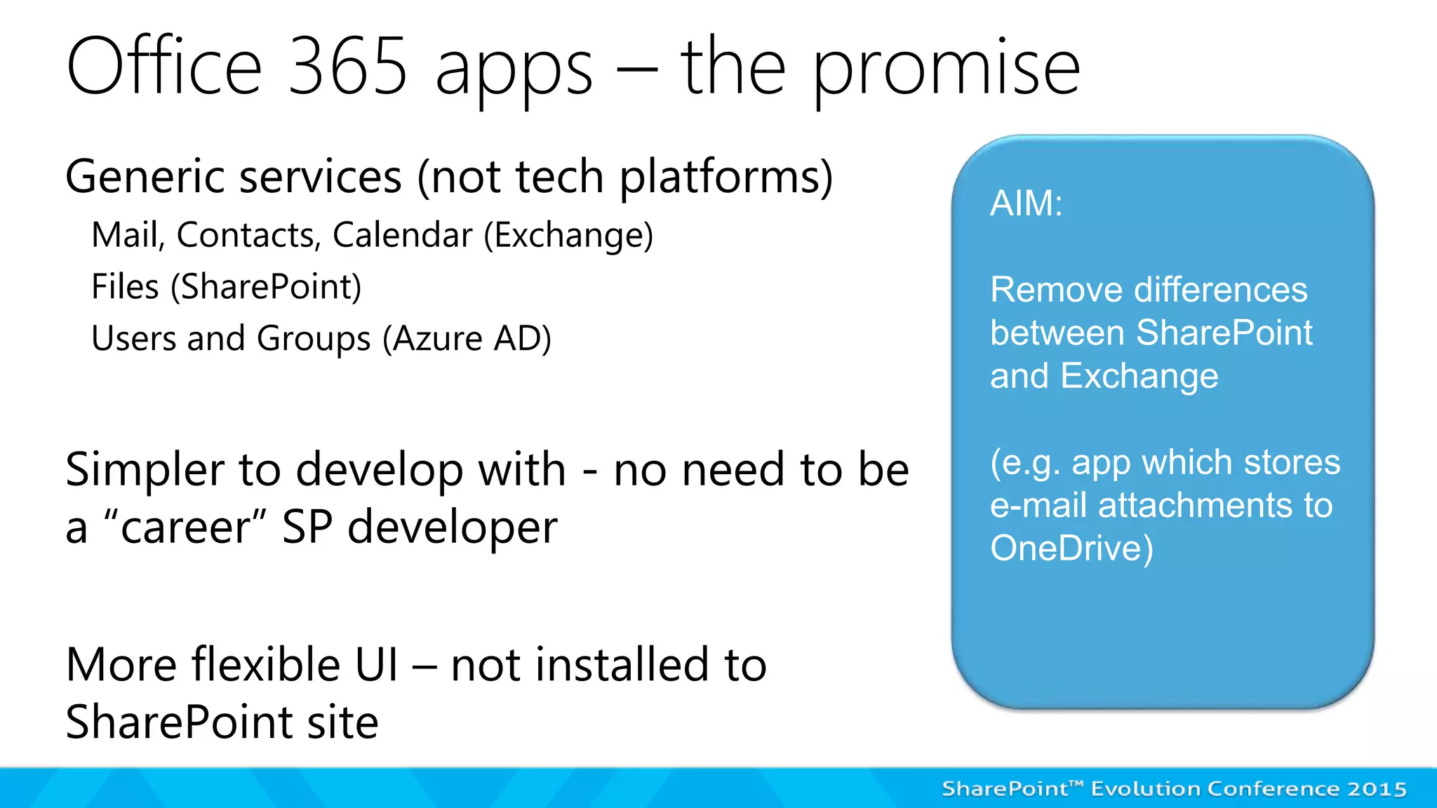 Office 365 apps – the promise
Mail, Contacts, Calendar (Exchange)
Files (SharePoint)
Users and Groups (Azure AD)
AIM:
Remove differences
between SharePoint
and Exchange
(e.g. app which stores
e-mail attachments to
OneDrive)
 