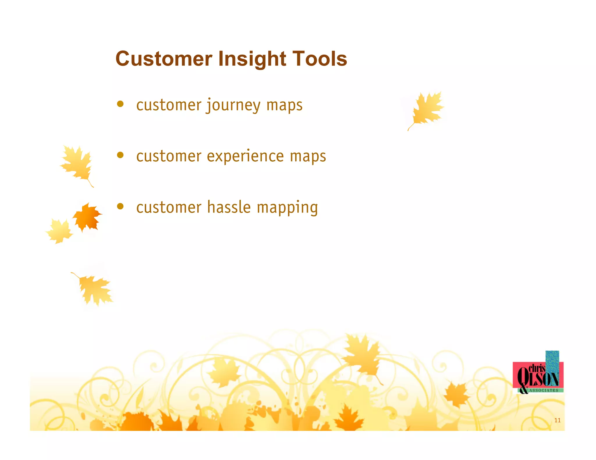 Customer Insight Tools

•  customer journey maps

•  customer experience maps

•  customer hassle mapping




                              11
 