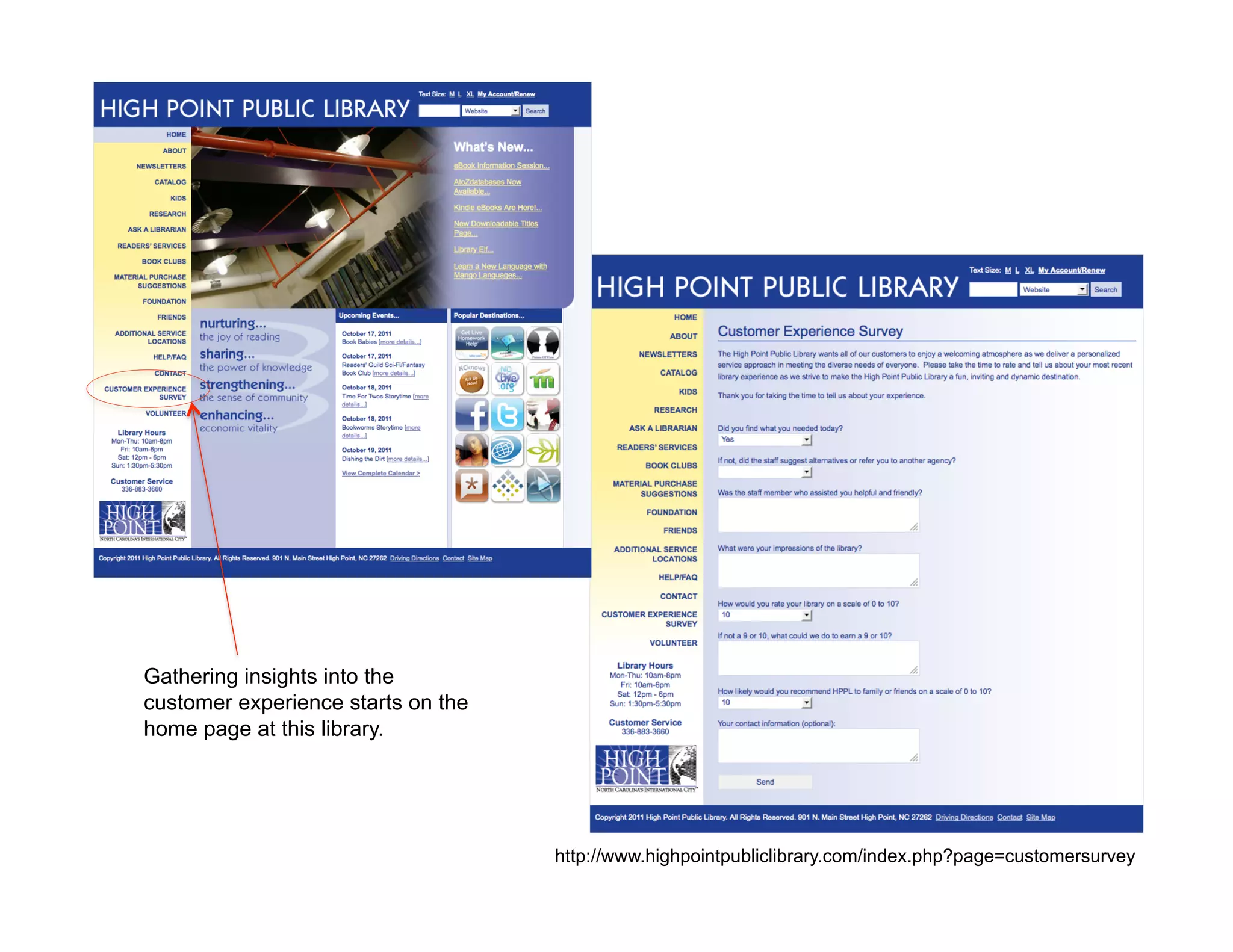 Gathering insights into the
customer experience starts on the
home page at this library.




                                    http://www.highpointpubliclibrary.com/index.php?page=customersurvey
 