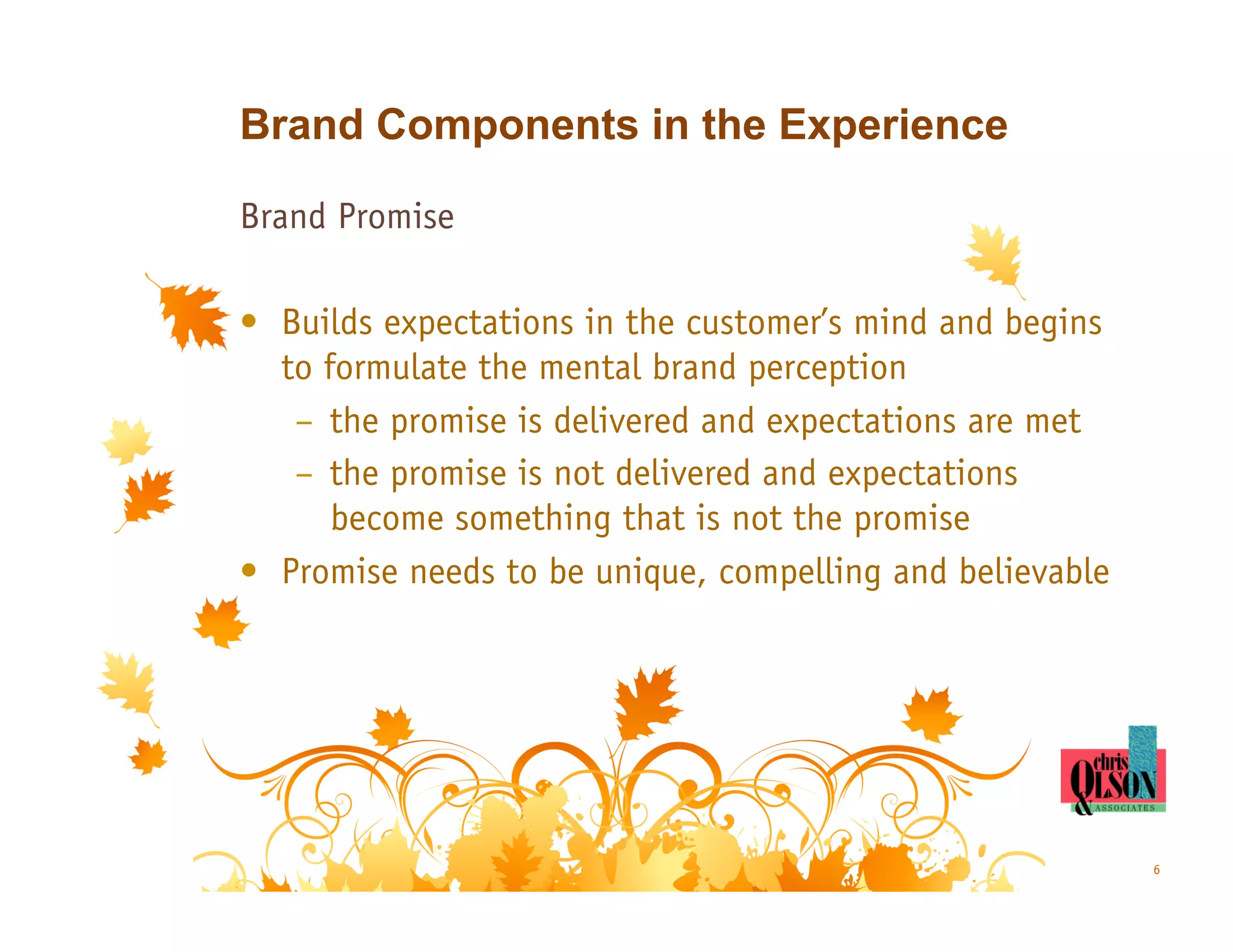 Brand Components in the Experience

Brand Promise

•  Builds expectations in the customer’s mind and begins
   to formulate the mental brand perception
    –  the promise is delivered and expectations are met
    –  the promise is not delivered and expectations
       become something that is not the promise
•  Promise needs to be unique, compelling and believable




                                                           6
 