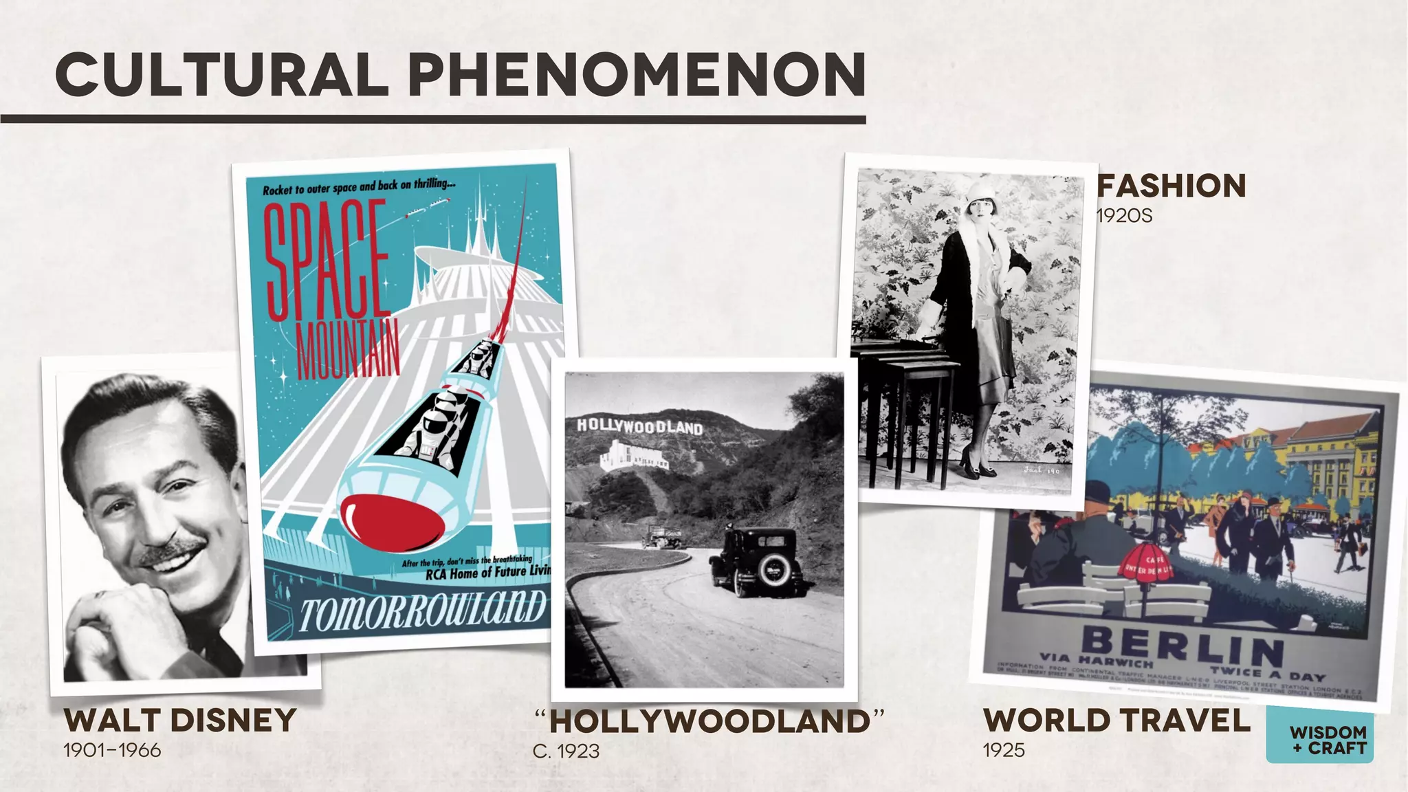 CULTURAL PHENOMENON
Fashion
1920s

Walt Disney
1901-1966

“Hollywoodland”
c. 1923

World Travel
1925

wisdom
+ craft

 