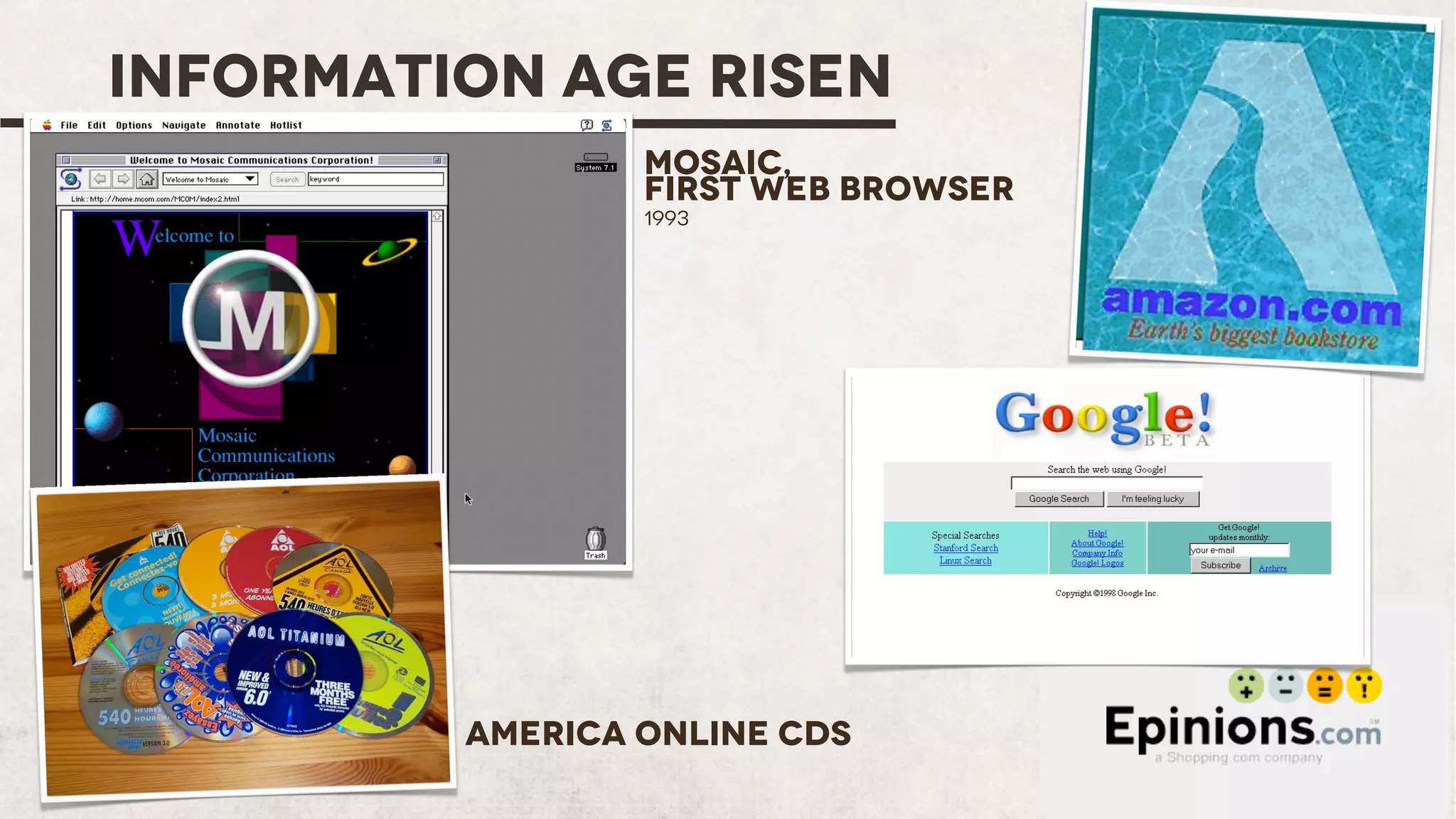 INFORMATION AGE RISEN
Mosaic,
First Web Browser
1993

America Online CDs

wisdom
+ craft

 