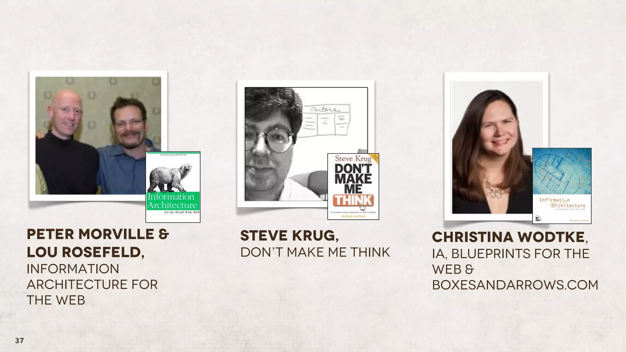 Peter Morville &
Lou Rosefeld,
Information
Architecture for
the Web
37

Steve Krug,
Don’t Make Me Think

Christina Wodtke,
IA, Blueprints for the
Web &
BoxesandArrows.com

 