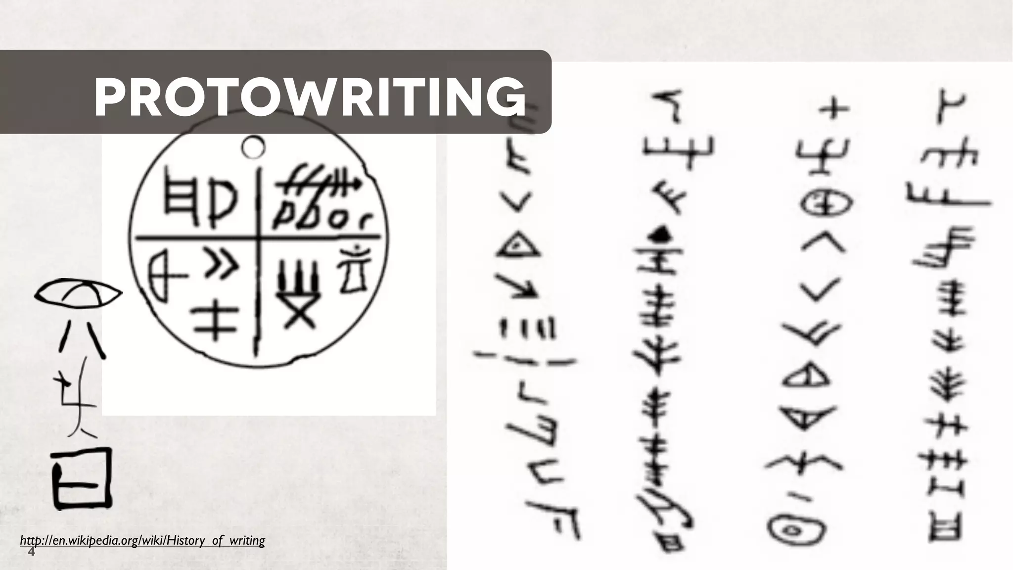 PROTOWRITING

http://en.wikipedia.org/wiki/History_of_writing
4

 