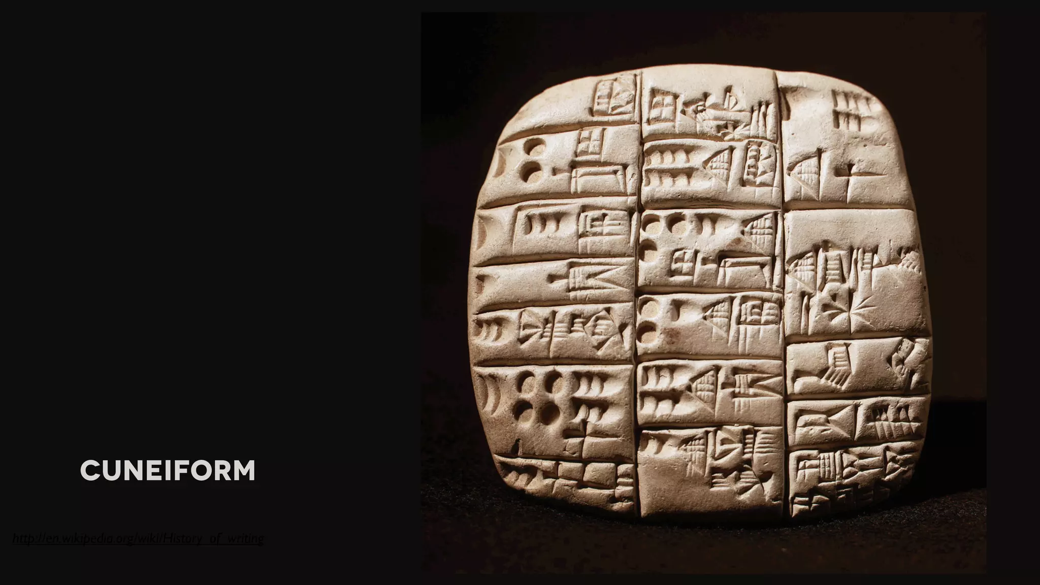 Cuneiform
http://en.wikipedia.org/wiki/History_of_writing

wisdom
+ craft

 