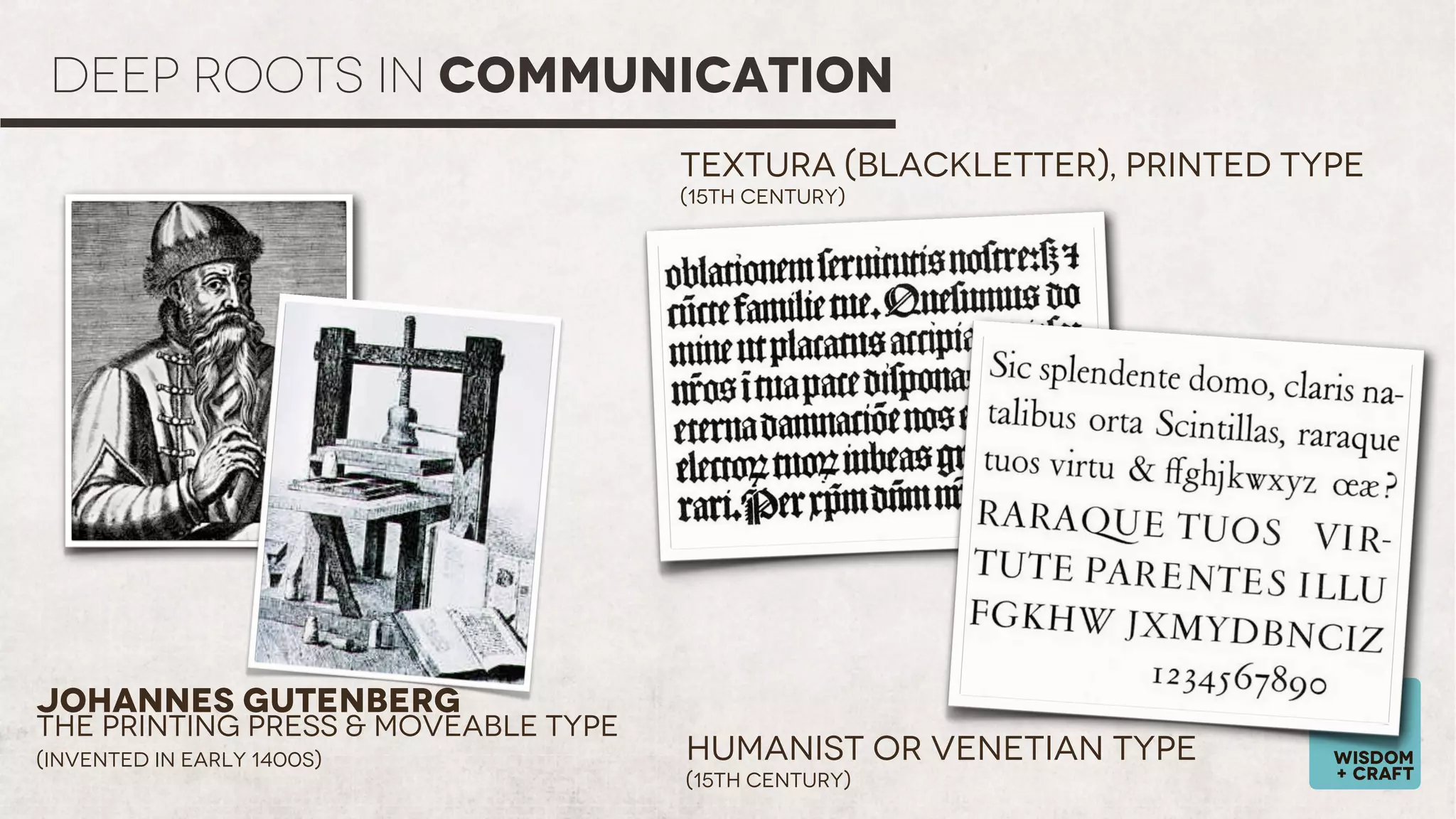 DEEP ROOTS IN COMMUNICATION
Textura (Blackletter), Printed Type
(15th Century)

Johannes Gutenberg

The Printing Press & Moveable Type
(Invented in early 1400s)

Humanist or Venetian Type
(15th Century)

wisdom
+ craft

 