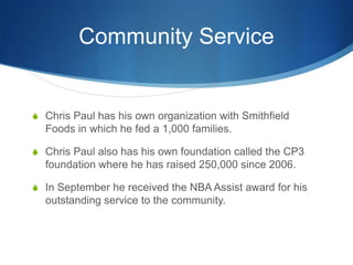 Community Service


S Chris Paul has his own organization with Smithfield
  Foods in which he fed a 1,000 families.

S Chr...