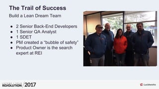 The Trail of Success
Build a Lean Dream Team
●  2 Senior Back-End Developers
●  1 Senior QA Analyst
●  1 SDET
●  PM create...
