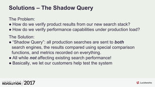 The Problem:
● How do we verify product results from our new search stack?
● How do we verify performance capabilities und...