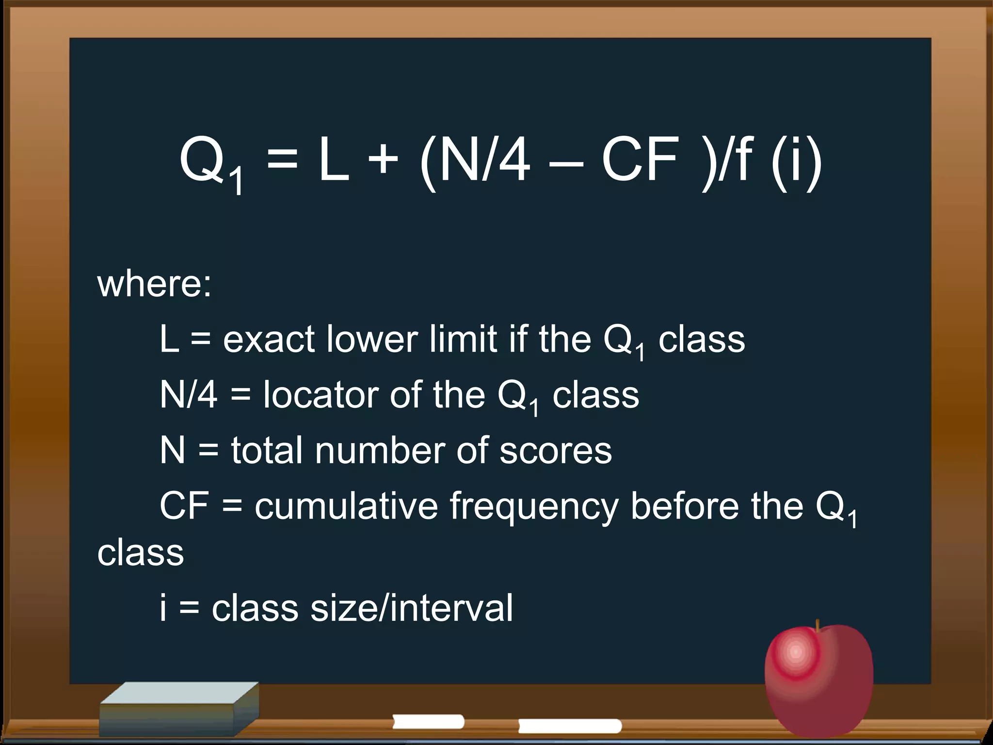 Q1 = L + (N/4 – CF )/f (i)
where:
L = exact lower limit if the Q1 class
N/4 = locator of the Q1 class
N = total number of scores
CF = cumulative frequency before the Q1
class
i = class size/interval
