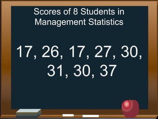 Scores of 8 Students in
Management Statistics

17, 26, 17, 27, 30,
31, 30, 37

 