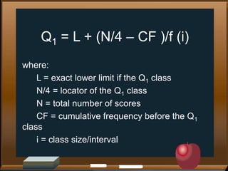 Q1 = L + (N/4 – CF )/f (i)
where:
L = exact lower limit if the Q1 class
N/4 = locator of the Q1 class
N = total number of scores
CF = cumulative frequency before the Q1
class
i = class size/interval

 