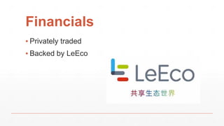 Financials
▪ Privately traded
▪ Backed by LeEco
 