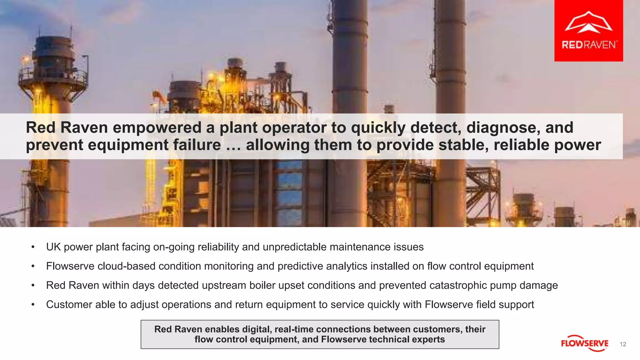 12
Red Raven empowered a plant operator to quickly detect, diagnose, and
prevent equipment failure … allowing them to provide stable, reliable power
• UK power plant facing on-going reliability and unpredictable maintenance issues
• Flowserve cloud-based condition monitoring and predictive analytics installed on flow control equipment
• Red Raven within days detected upstream boiler upset conditions and prevented catastrophic pump damage
• Customer able to adjust operations and return equipment to service quickly with Flowserve field support
Red Raven enables digital, real-time connections between customers, their
flow control equipment, and Flowserve technical experts
 