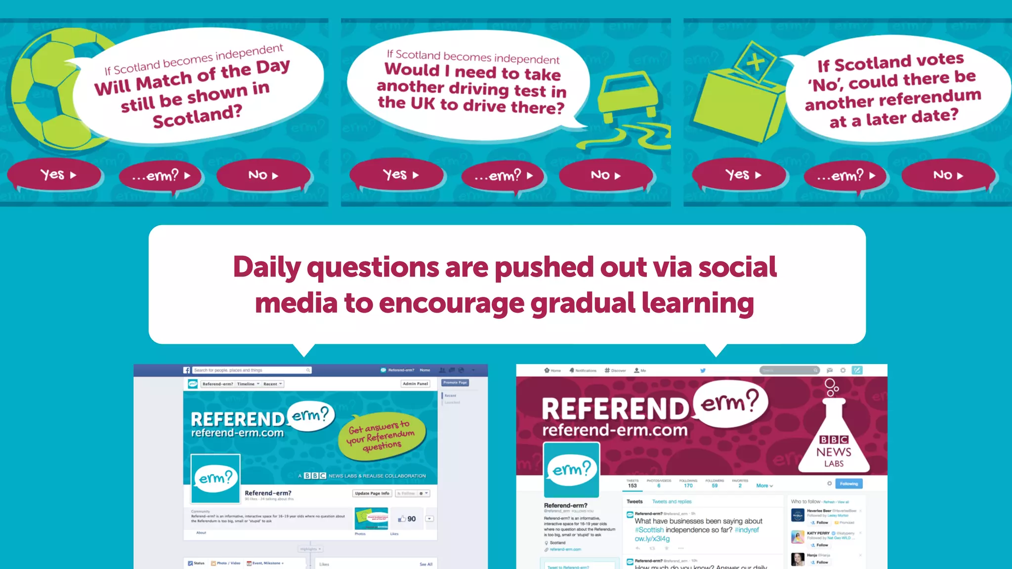 Daily questions are pushed out via social
media to encourage gradual learning
 