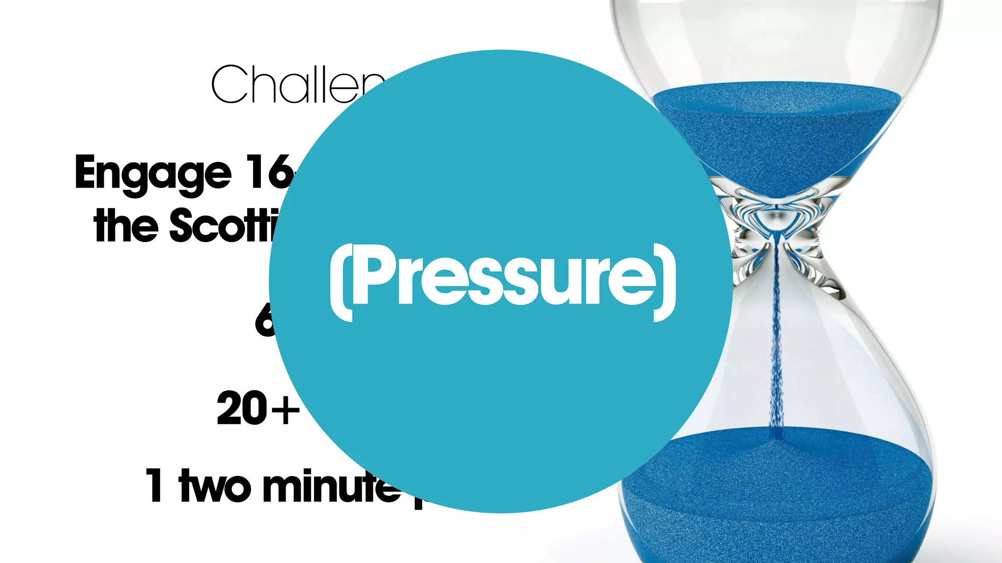 6 hours
20+ teams
1 two minute pitch
Challenge:
Engage 16-19 year olds in
the Scottish Referendum
(Pressure)
 