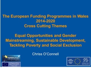 The European Funding Programmes in Wales 
2014-2020 
Cross Cutting Themes 
Equal Opportunities and Gender 
Mainstreaming, Sustainable Development, 
Tackling Poverty and Social Exclusion 
Chriss O’Connell 
 