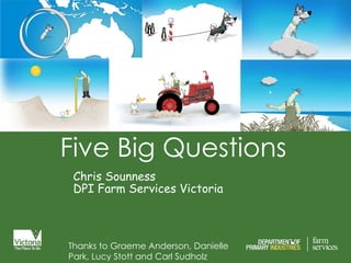 Five Big Questions  Chris Sounness DPI Farm Services Victoria Thanks to Graeme Anderson, Danielle Park, Lucy Stott and Carl Sudholz 
