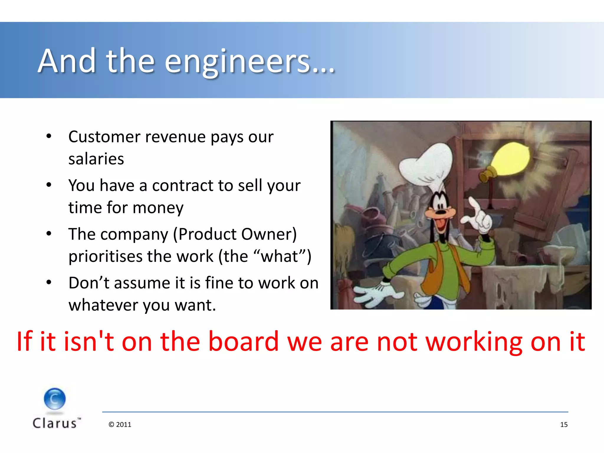 Why it’s hard: PeoplePeople are often not used to holding each other accountablechallenging each otherhaving the freedom to define the “how”making their own estimatesmaking and keeping commitmentsClare will talk more on people
