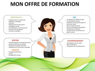 MON OFFRE DE FORMATION
COMPTABILITE
- Enregistrement et contrôle des
opérations comptables
- Trésorerie
- Établissement des documents
comptables annuels
- Immobilisations et amortissements
- Écritures de fin de période
- Contrôles comptables
PAIE
- Les éléments du bulletin de paie
- Les déclarations sociales
- Administrer le personnel et gérer le
contrat de travail
- Gérer le temps de travail
- Suivre les formalités et procédures
d’embauche et de départ
- Contrôle interne du processus de
gestion sociale
GESTION
- Contrôle de gestion et analyse financière
- Analyse et prévision de l'activité
- Analyse de la situation financière
- Fiabilisation de l'information comptable
FISCALITE
ACCOMPAGNEMENT
- Accompagnement de projet
- Aide à la personne
- Changement de vie professionnel
PortFolio Christelle FAYOLLE 13
- Fiscalité des entreprises
- IS, TVA
- Réintégrations fiscales
 