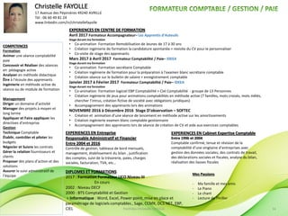 Christelle FAYOLLE
COMPETENCES
Formation
Animer une séance comptabilité
paie
Concevoir et Réaliser des séances
en pédagogie active
Analyser en méthode didactique
Être à l’écoute des apprenants
Ingénierie en méthode active de
séance ou de module de formation
Management
Diriger un domaine d’activité
Manager des projets à moyen et
long terme
Appliquer et Faire appliquer les
directives d’entreprise
Gestion
Technique Comptable
Établir, contrôler et piloter les
budgets
Négocier et Suivre les contrats
Gérer la relation fournisseurs et
clients
Proposer des plans d’action et des
solutions
Assurer le suivi administratif de
l’équipe
DIPLOMES ET FORMATIONS
2017 : Formation Formateur UCO Niveau III
En cours
2002 : Niveau DECF
2000 : BTS Comptabilité et Gestion
> Informatique : Word, Excel, Power point, mise en place et
paramétrage de logiciels comptables , Sage, CCMX, DCS NET, EBP,
CIEL
EXPERIENCES EN CENTRE DE FORMATION
Avril 2017 Formateur Accompagnateur– Les Apprentis d’Auteuils
Stage durant ma formation
• Co-animation Formation Remobilisation de Jeunes de 17 à 30 ans
• Création ingénierie de formation la candidature spontanée + revisite du CV pour le personnaliser
• Co-visite de stage des apprenants
Mars 2017 à Avril 2017 Formateur Comptabilité / Paie– IDEEA
Stage durant ma formation
• Co-animation Formation secrétaire Comptable
• Création ingénierie de formation pour la préparation à l’examen blanc secrétaire comptable
• Création séance sur le bulletin de salaire + enregistrement comptable
Janvier 2017 à Février 2017 Formateur Comptabilité / Paie– IDEEA
Stage durant ma formation
• Co-animation Formation logiciel EBP Comptabilité + Ciel Comptabilité - groupe de 13 Personnes
• Création ingénierie de jeux pour animations comptabilités en méthode active (7 familles, mots croisés, mots mêlés,
chercher l’intrus, création fictive de société avec obligations juridiques)
• Accompagnement des apprenants lors des animations
NOVEMBRE 2016 à Décembre 2016 Stage D’observation – SOFTEC
• Création et animation d’une séance de lancement en méthode active sur les amortissements
• Création ingénierie examen blanc comptable gestionnaire
• Accompagnement des apprenants lors de séance de création de CV et aide aux exercices comptables
EXPERIENCES EN Cabinet Expertise Comptable
Entre 1996 et 2004
Comptable confirmé, tenue et révision de la
comptabilité d’une vingtaine d’entreprises avec
gestion des données sociales, des contrats de travail,
des déclarations sociales et fiscales, analyse du bilan,
réalisation des liasses fiscales
EXPERIENCES EN Entreprise
Responsable Administratif et Financier
Entre 2004 et 2016
Contrôle de gestion, tableaux de bord mensuels,
management, établissement du bilan , justification
des comptes, suivi de la trésorerie, paies, charges
sociales, facturation, TVA, etc…
17 Avenue des Pépinières 49240 AVRILLE
Tél : 06 60 49 81 24
www.linkedin.com/in/christellefayolle
Mes Passions
- Ma famille et mes amis
- Le Piano
- Le chant
- Lecture de Thriller
PortFolio Christelle FAYOLLE 16
 