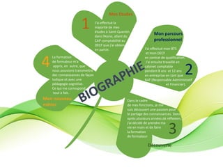 J’ai effectué la
majorité de mes
études à Saint-Quentin
dans l’Aisne, allant du
CAP comptabilité au
DECF que j’ai obtenu
en partie.
1
Mes Etudes
Mon parcours
professionnel
2
J’ai effectué mon BTS
et mon DECF
en contrat de qualification.
J’ai ensuite travaillé en
cabinet comptable
pendant 8 ans et 12 ans
en entreprise en tant que
RAF (Responsable Administratif
et Financier).
Découverte
Dans le cadre
de mes fonctions, je me
suis découvert une passion pour
le partage des connaissances. Donc
après plusieurs années de réflexion,
j’ai décidé de prendre ma
vie en main et de faire
la formation
de formateur.
3
La formation
de formateur m’a
appris, en autre, que
nous pouvions transmettre
des connaissances de façon
ludique et avec une
pédagogie cognitive.
Ce qui me correspond
tout à fait.
Mon nouveau
métier
4
 