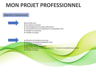 Les Missions de formation que je vise :
 Secrétaire comptable Comptabilité / Paie
 Comptable Gestionnaire
 Bac Professionnel Comptabilité
 Mission Ponctuelle Cas particulier (Exemple : Formation Comptabilité Associative)
 Travailler en équipe
Objectifs Professionnels
Mes priorités sont :
 Les relations humaines
 L’accompagnement au projet professionnel
 La transmission de mon expérience en Comptabilité / Paie
 Travailler en autonomie
 Travailler en équipe
MON PROJET PROFESSIONNEL
 
