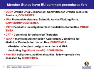 Member States have EU common procedures for:

• ODD= Orphan Drug Designation: Committee for Orphan Medicinal
    Products, COMP/EMEA
• PA= Protocol Assistance: Scientific Advice Working Party,
    SAWP/CHMP/COMP/EMEA
• PIP = Paediatric Investigation Plan: Paediatrics Committee, PDCO/
    EMEA
• CAT = Committee for Advanced Therapies
• MAA = Marketing Authorisation Application: Committee for
    Medicinal Products for Human Use, CHMP/EMEA
     - Revision of orphan designation criteria at MAA
      (including Significant benefit): COMP/EMEA
• Post-MA obligations, additional studies, follow-up registries
    assessed by CHMP/EMEA


4    Cluj-Napoca,26-27 June 2009
 