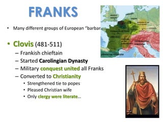 FRANKS
• Many different groups of European “barbarians”
• Clovis (481-511)
– Frankish chieftain
– Started Carolingian Dynasty
– Military conquest united all Franks
– Converted to Christianity
• Strengthened tie to popes
• Pleased Christian wife
• Only clergy were literate…
 